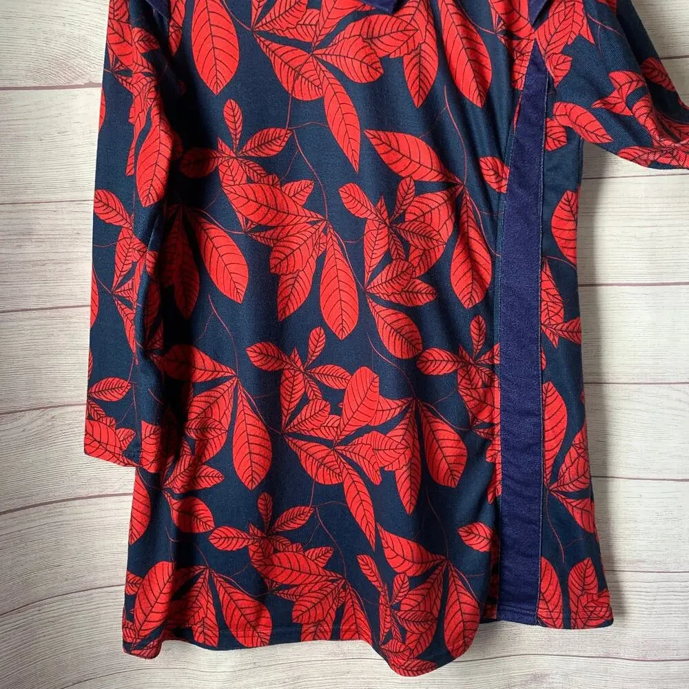 Reborn Navy Blue with Red Leaf Pattern Dress Folded Cowl Neck Fall Leaves XL